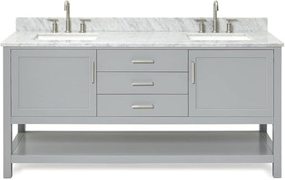 ARIEL Bayhill 72-inch Bathroom Vanity with Sink,Solid Wood, 0.75-inch Italian Carrara Marble Countertop, Double Rectangular Porcelain Sink, 2 Soft Closing Doors, 3 Dovetail Drawers, Grey