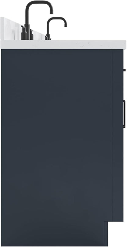 ARIEL Hepburn 60-inch Bathroom Vanity with Sink,Solid Wood, 1.5-inch Carrara White Quartz Countertop, Double Rectangular Porcelain Sink, 4 Soft Closing Doors, 6 Dovetail Drawers, Midnight Blue