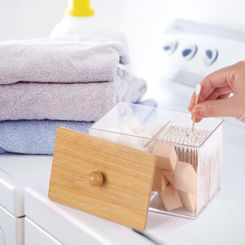 Qtip Holder with Bamboo Lids, 3 Compartments Cotton Ball/Swabs Dispenser, Apothecary Jar Clear Plastic Bathroom Container for Storage and Organizer