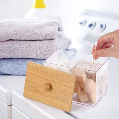 Qtip Holder with Bamboo Lids, 3 Compartments Cotton Ball/Swabs Dispenser, Apothecary Jar Clear Plastic Bathroom Container for Storage and Organizer