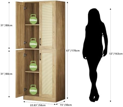 JASIWAY Rattan Pantry Cabinet, 67" Tall Kitchen Storage Cabinet with Doors