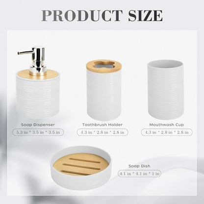 4PCS White Bathroom Set, Soap Dispenser, Dish & Bamboo Holder, Rustic