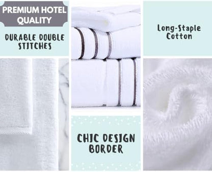 Bath Towels Set for Bathroom – Luxury 6-Piece Cotton Towels, Soft Absorbent & Quick Dry, 600 GSM Bath Towels for Bathroom, Hotel Spa Quality (White/Charcoal, 6- Bath Towel Set)