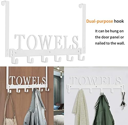 Over The Door Rack, Towel Hooks for Bathroom, Bath Towel Holder Door Mount Metal Towel Hanger for Bedroom Kitchen Pool Beach Towels Bathrobe Wall Mount Towel Rack for Bathrooms (6 Hooks, White)