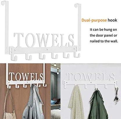 Over The Door Rack, Towel Hooks for Bathroom, Bath Towel Holder Door Mount Metal Towel Hanger for Bedroom Kitchen Pool Beach Towels Bathrobe Wall Mount Towel Rack for Bathrooms (6 Hooks, White)