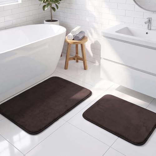 H.VERSAILTEX Bath Mat Memory Foam Set Bathroom Rug Set Flannel Velvety Bath Mat Luxury Extra Soft and Absorbent Non Slip Rugs for Bathroom/Bedroom Washable(2 Pack- 20"x 32"/ 17"x 24", Brown)