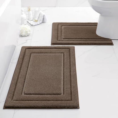 HOMEIDEAS Bathroom Rugs Sets 2 Piece, Super Soft and Absorbent Non Slip Microfiber U-Shaped Toilet Bath Mat Set (20"x32"+U20 x24, Brown)