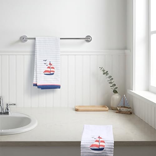 Ritz 2-Piece Cotton Velour Bathroom Hand Towel Set, Embroidered Sailboat Design, Blue Pinstripe Decorative Towels for Lake House, Beach, Coastal Decor, 16” x 26”
