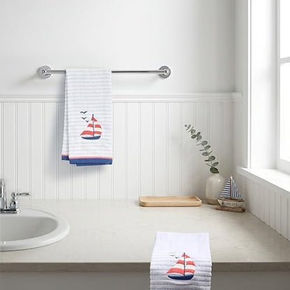 Ritz 2-Piece Cotton Velour Bathroom Hand Towel Set, Embroidered Sailboat Design, Blue Pinstripe Decorative Towels for Lake House, Beach, Coastal Decor, 16” x 26”