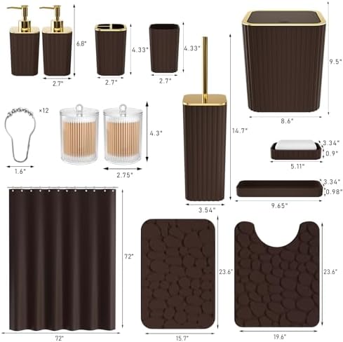 XLHOMO Bathroom Accessories Set - 25PC Brown Bathroom Sets with Shower Curtain and Rugs, Bathroom Accessory Set, Brown Shower Curtain Set, Trash Can, Qtip Holder Dispenser & Soap Dispenser