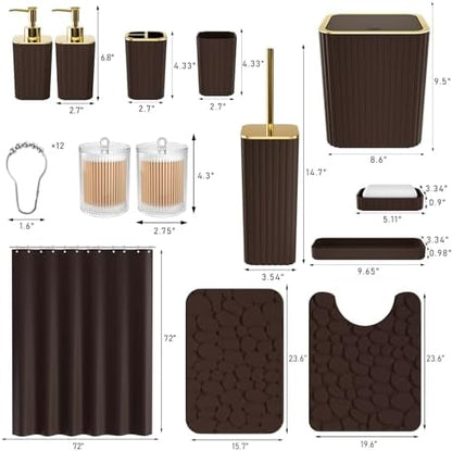 XLHOMO Bathroom Accessories Set - 25PC Brown Bathroom Sets with Shower Curtain and Rugs, Bathroom Accessory Set, Brown Shower Curtain Set, Trash Can, Qtip Holder Dispenser & Soap Dispenser