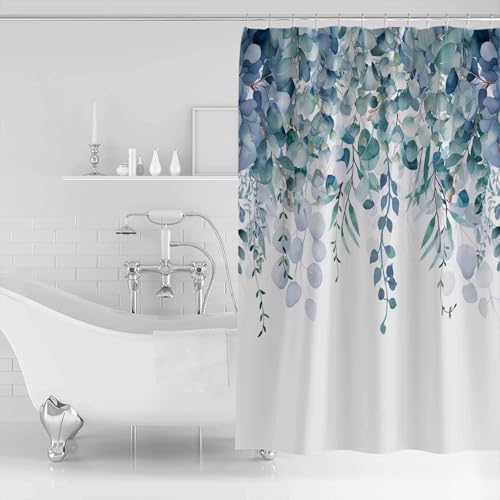 Shower Curtain Bathroom Set Country Eucalyptus Leaves Waterproof Shower Curtains with Grommets Hooks Watercolor Teal Green Leaf Privacy Bath Curtain for Bathtub Decor 72x72in