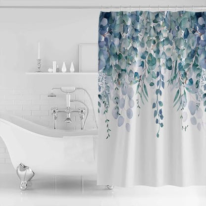 Shower Curtain Bathroom Set Country Eucalyptus Leaves Waterproof Shower Curtains with Grommets Hooks Watercolor Teal Green Leaf Privacy Bath Curtain for Bathtub Decor 72x72in