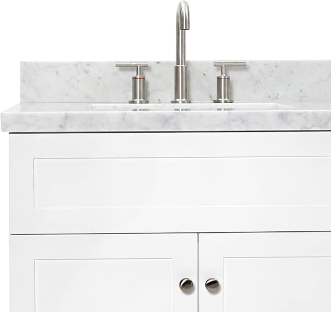 DKB Bradford 72 Inch Bathroom Vanity Double Sink — White Bathroom Vanity with Sink, 1.5" Edge Italian Carrara Marble Countertop & Backsplash, 4 Soft-Close Doors, and 3 Dovetail Drawers