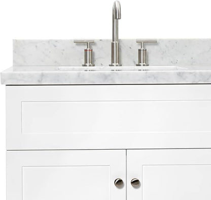 DKB Bradford 72 Inch Bathroom Vanity Double Sink — White Bathroom Vanity with Sink, 1.5" Edge Italian Carrara Marble Countertop & Backsplash, 4 Soft-Close Doors, and 3 Dovetail Drawers