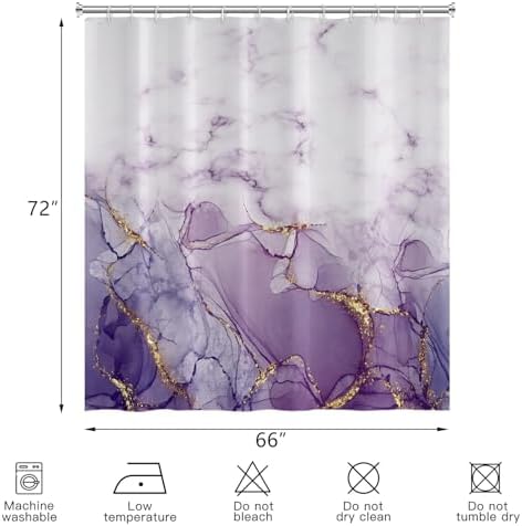 Marble Shower Curtain, Ombre Purple Gold Ink Shower Curtains for Bathroom, Modern Abstract Aesthetic Bathtub Decor Waterproof Fabric Watercolor Bath Curtain Set with Hooks 66x72 inch