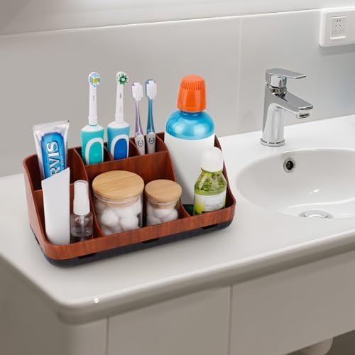 GFWARE Bathroom Decor and Accessories - Detachable 7 Slots Kids Electric Toothbrush and Toothpaste Holde for Bathroom Tray Countertop Vanity Storage, Bathroom Sink Storage Organizer, Red Wood