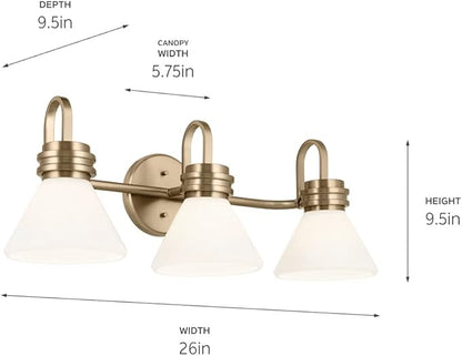 Kichler Farum 26" 3-Light Vanity Light with Opal Glass in Champagne Bronze, for Single or Double Vanity, Over a Mirror, Powder Room, Bathroom, (26" W x 9.5" H) 55155CPZ