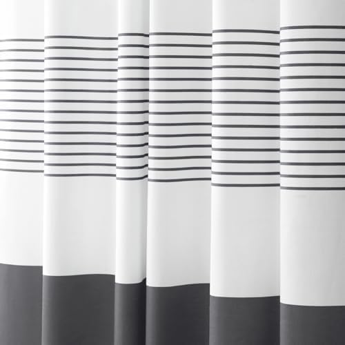 Dark Grey Farmhouse Cotton Striped Shower Curtain with Tassel 72"W X 72"L