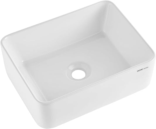 VEVOR Rectangle Vessel Sink, 16" x 12" Bathroom Vessel Sink Countertop, White Ceramic Bathroom Sinks Above Counter, Modern Style, Bright and Elegant, Well-Packaged for Bathroom, Hotel, Toilet, RV