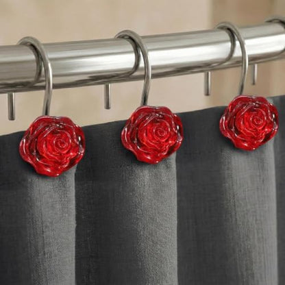 Red Rose Shower Curtain Hooks: Cute Flower Bathroom Curtain Rings, 12Pcs