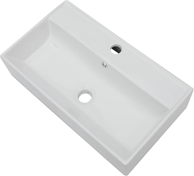 21x12 Inch Wall Mounted Vessel Sink with Gold Faucet and Drain Combo, White Ceramic Rectangle Bathroom Vanity Basin, Modern Floating Lavatory for Small Bathroom