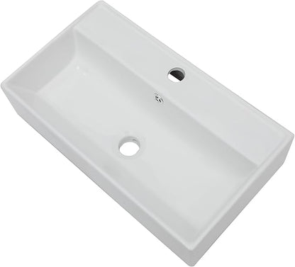 21x12 Inch Wall Mounted Vessel Sink with Gold Faucet and Drain Combo, White Ceramic Rectangle Bathroom Vanity Basin, Modern Floating Lavatory for Small Bathroom