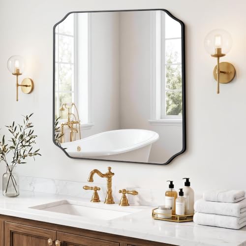 Vanity Bathroom Mirror, 30" x 30" Black Scalloped Mirror for Wall