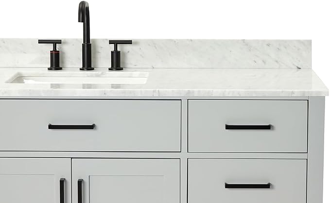 ARIEL Hepburn 60-inch Bathroom Vanity with Sink,Solid Wood, 0.75-inch Italian Carrara Marble Countertop, Single Rectangular Porcelain Sink, 2 Soft Closing Doors, 9 Dovetail Drawers, Grey