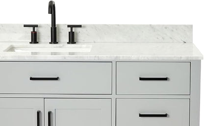 ARIEL Hepburn 60-inch Bathroom Vanity with Sink,Solid Wood, 0.75-inch Italian Carrara Marble Countertop, Single Rectangular Porcelain Sink, 2 Soft Closing Doors, 9 Dovetail Drawers, Grey