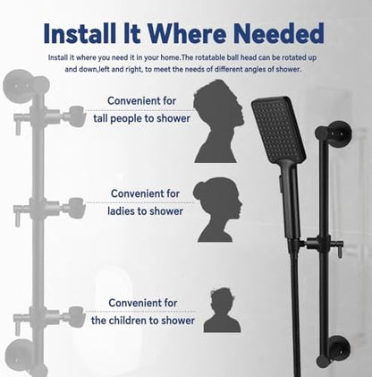 Shower Slide Bar Adjustable Handheld Shower Head Holder Wall Mount - 15inch All-Metal Shower Head Slide Bar Compatible with Bathroom Drill Free Glue Installation - Black