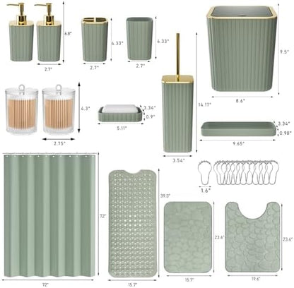 XLHOMO 26PC Bathroom Accessories Set - Gorgeous Sage Green Bathroom Set, Bathroom Accessory Set, Shower Curtain Set with Bathtub Mats for Shower Tub, Trash Can & Soap Dispenser