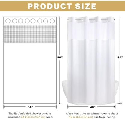 WONICY No Hook Small Shower Curtain with Snap-in Liner, White, 54 x 80
