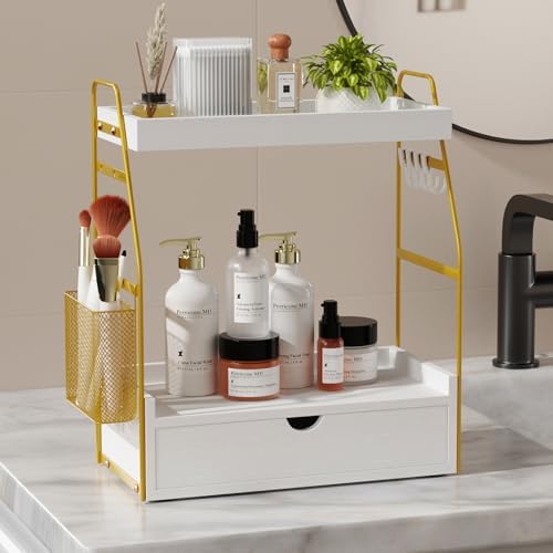 2 Tier Bathroom Counter Organizer with Drawer & Basket, Wooden Vanity Tray Countertop Shelf Accessories for Makeup Storage, Coffee Bar Station, Perfume Skincare, Kitchen, Bedroom (White)
