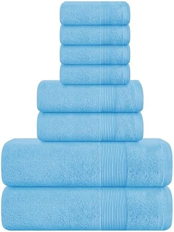 Belizzi Home 8 Piece Towel Set 100% Ring Spun Cotton, 2 Bath Towels 27x54, 2 Hand Towels 16x28 and 4 Washcloths 13x13 - Ultra Soft Highly Absorbent Machine Washable Hotel Spa Quality - Light Blue