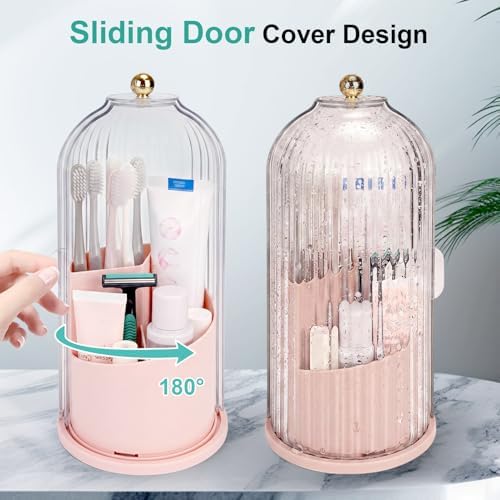 QIYVLOS Toothbrush Holders with Sliding Lid, Rotating 3 Slots Bathroom Organizer Countertop, Tooth Brush Toothpaste Holder Bathroom Counter Stand Sink Organizer Caddy for Makeup Brushes Holder (Pink)