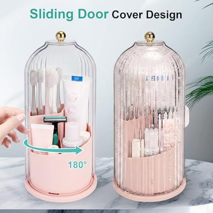 QIYVLOS Toothbrush Holders with Sliding Lid, Rotating 3 Slots Bathroom Organizer Countertop, Tooth Brush Toothpaste Holder Bathroom Counter Stand Sink Organizer Caddy for Makeup Brushes Holder (Pink)
