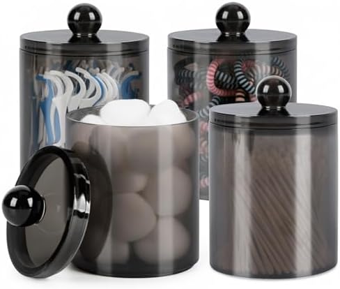 WEISHI 4 Pack Qtip Holder Dispenser - Cotton Ball, Swab, Round Pads, Floss , Small Plastic Apothecary Jar Containers with Lids for Bathroom Storage and Organization, Vanity Organizer ( Black )