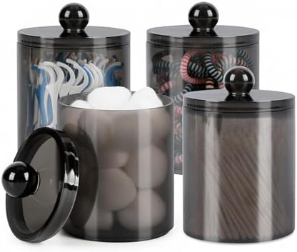 WEISHI 4 Pack Qtip Holder Dispenser - Cotton Ball, Swab, Round Pads, Floss , Small Plastic Apothecary Jar Containers with Lids for Bathroom Storage and Organization, Vanity Organizer ( Black )