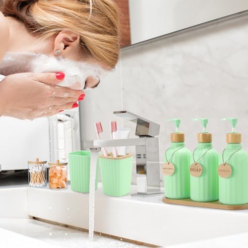 XLHOMO Green Bathroom Accessories Set 17PCS Bathroom Set with Trash Can 3PCS Lotion Soap Dispenser, Toothbrush Holder, 6PCS Wood Tags Bath Accessories with Tray for Kitchen Bathroom