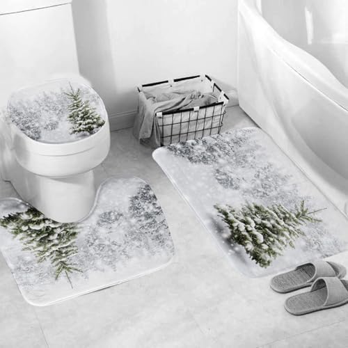 Onalasyc 4-Piece Christmas Shower Curtain Set,Winter Christmas Tree Snowflake Shower Curtains Holiday Bathroom Set with Shower Curtain and Rugs Waterproof Durable Fabric Bathtub Sets Home Decor,White