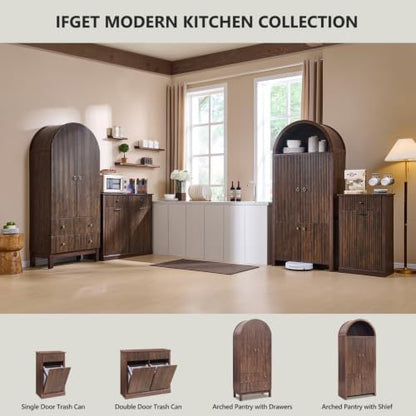 IFGET 71" Tall Arched Kitchen Pantry, Modern Fluted Storage Cabinet, Brown