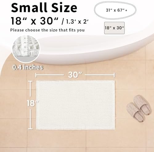 White Bathroom Rugs, Waffle Bath Mat Non Slip Washable, 18" x 30"