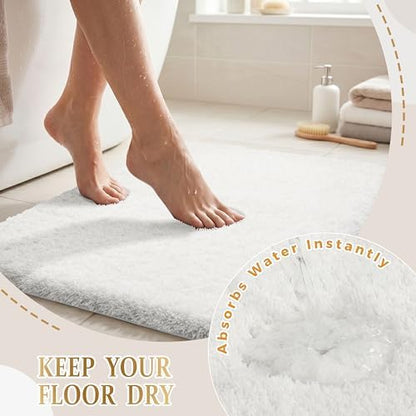 Yimobra Bathroom Rugs Non Slip Washable, Ultra Soft and Water Absorbent Bath Mats, Plush Fluffy Shower Mat Outside, Microfiber Thick Matts for Bathroom Floor/Sink, 24X17, Off White