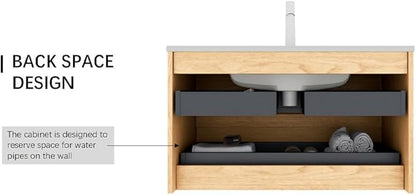 24" Floating Bathroom Vanity with Sink, Wall Mounted Modern Bathroom Cabinet with 2 Soft Close Drawers, Oak & Plywood, Pre-Assembled with Integrated Ceramic Basin – Sedona, Light Oak