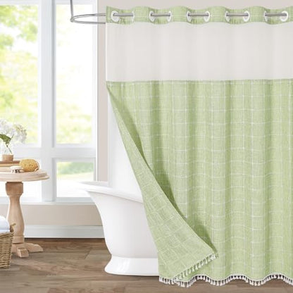 MitoVilla No Hooks Required Farmhouse Shower Curtain with Snap-in Liner - with Window & Magnets, Boho Cotton Linen Fabric Shower Curtains with Tassels for Rustic Bathroom Decor, Sage Green, 72 x 74