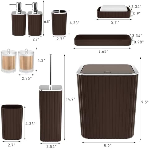 XLHOMO Bathroom Accessories Set - Gorgeous Bathroom Set, 10PC Brown Bathroom Accessories, Bathroom Accessory Set, Toilet Brush, Trash Can, Qtip Holder Dispenser & Soap Dispenser