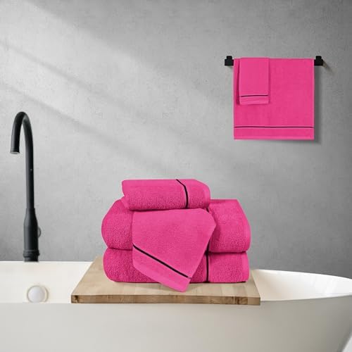 MyOwn Ultra Soft 6 Pack Cotton Towel Set, Contains 2 Bath Towels 28x55 inch, 2 Hand Towels 16x24 inch & 2 Wash Coths 12x12 inch, Ideal Everyday use, Compact & Lightweight - Hot Pink