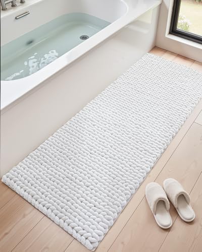 DEXI Bathroom Runner Rugs 60x24, Non Slip Chinelle Bath Mat, White