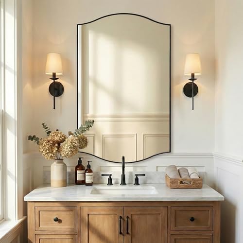 ANDY STAR 30"x48" Scalloped Mirror，Matte Black Rectangle Bathroom Mirror with Curved Edge Stainless Steel Metal Frame, Large Wall-Mounted Mirror for Bathroom, Entryway (Horizontal/Vertical)